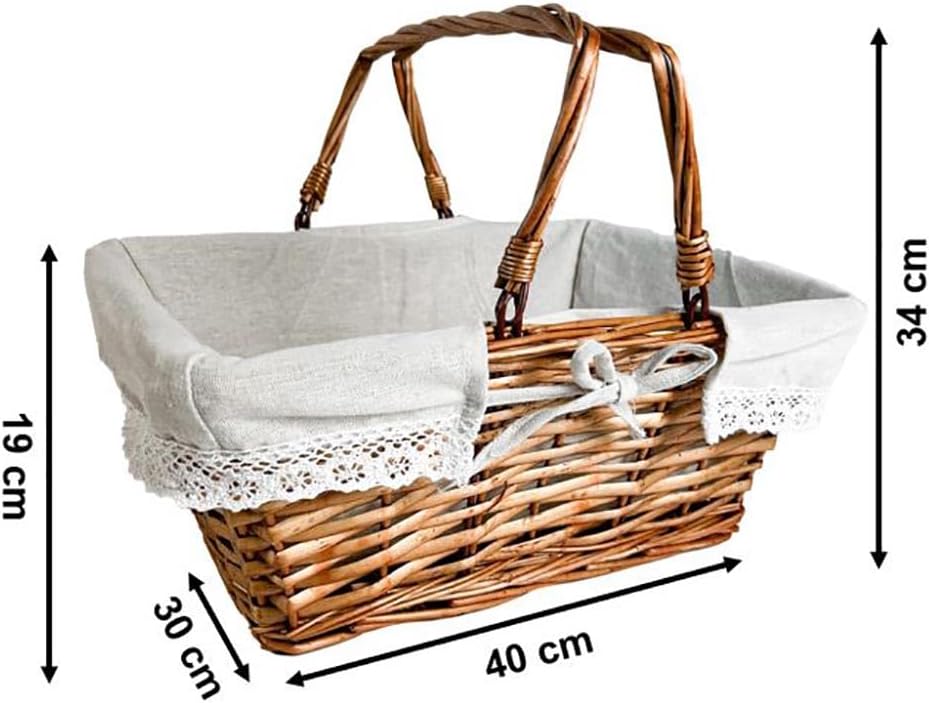 Kobolo Klappbügelkorb Weidenkorb mit Klapphenkeln eckig Textilfutter mit Häkelborte - braun - 40x30x