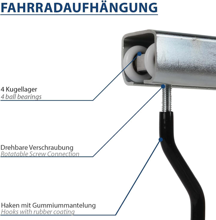 ATTAS Fahrradaufhängung Deckenhalterung 1 Meter Schiene | 5 Laufwagen mit Fahrradhaken | Verzinkter