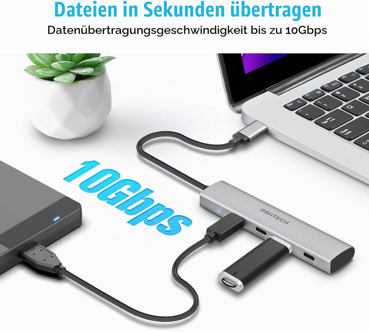 USB C Hub 10Gbps, RSHTECH 4-Port USB C 3.2 Hub Aluminium USB 3.1 Gen2 Ultra Slim Datenhub Portable M