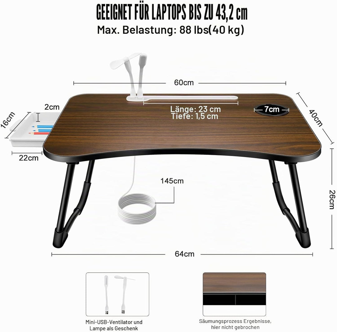 A3A ACADGQ Laptoptisch, Laptop Betttisch Klappbar, Bett Tisch mit 4 USB Ladeanschluss, Schublade, Ta