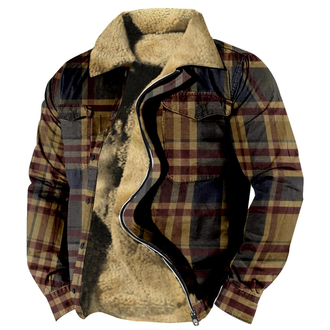 Gefütterte Jacke Herren Kariertes Druck Fleecefutter Übergangsjacke Mit Taschen Winterjacke Mit Reis