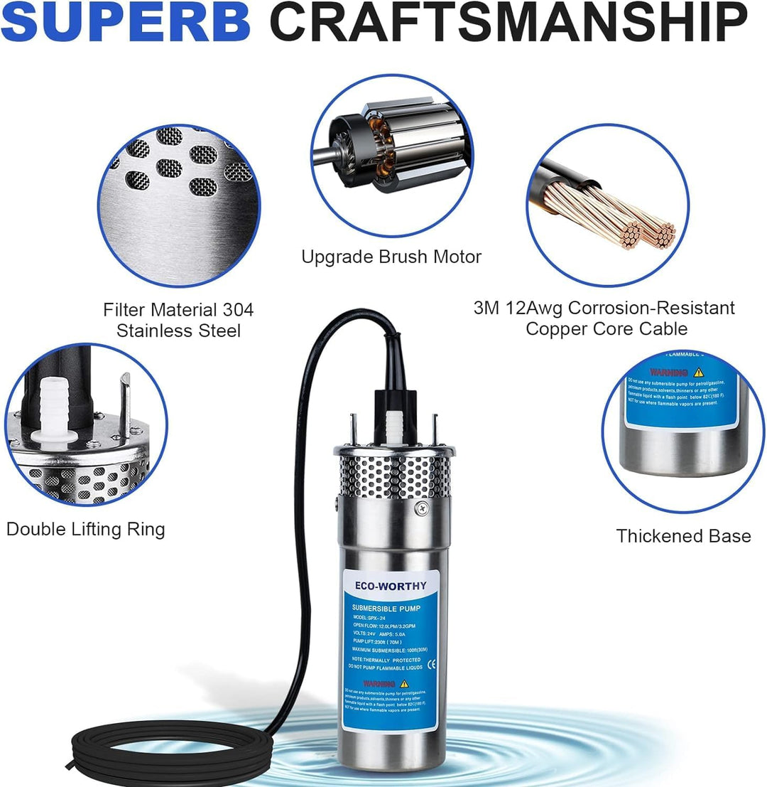 DCHOSE Solar Brunnenpumpen Set mit Batterie Backup, 12V Edelstahl-Wasserpumpe + 120W Solarpanel-Set