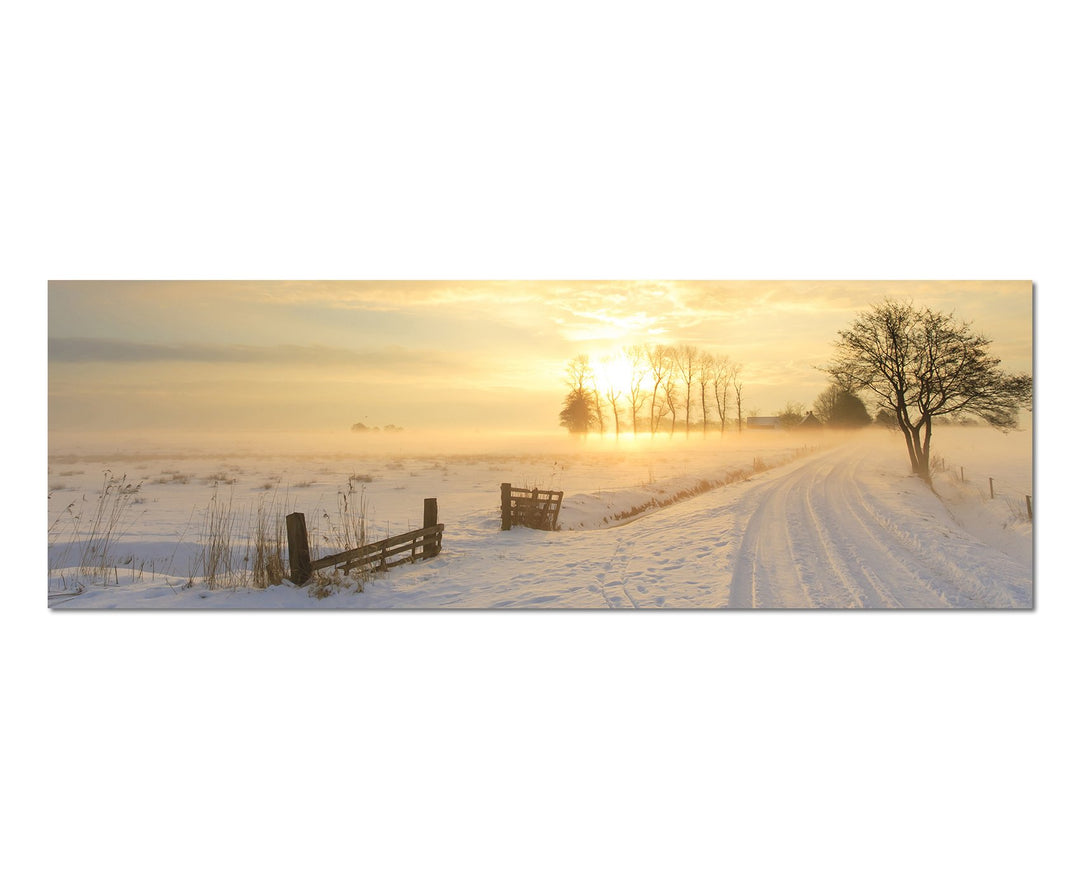 Paul Sinus Art Panoramabild auf Leinwand und Keilrahmen 150x50cm Winterlandschaft Sonnenuntergang Ne
