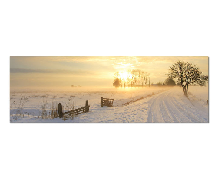 Paul Sinus Art Panoramabild auf Leinwand und Keilrahmen 150x50cm Winterlandschaft Sonnenuntergang Ne