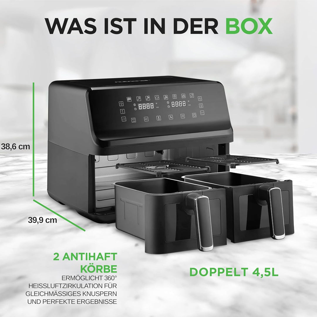 NutriChef Heissluftfritteuse Airfryer XL – 8L Doppel-Fritteuse mit 2 Körben & 9 Programmen Spülmasch