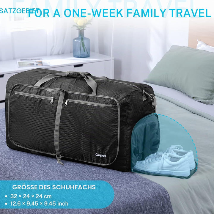 Gonex Faltbare Reisetasche, Leicht mit Schuhfach, 80L, Dunkelgrau | 210D Waben-Nylon, Wasserabweisen