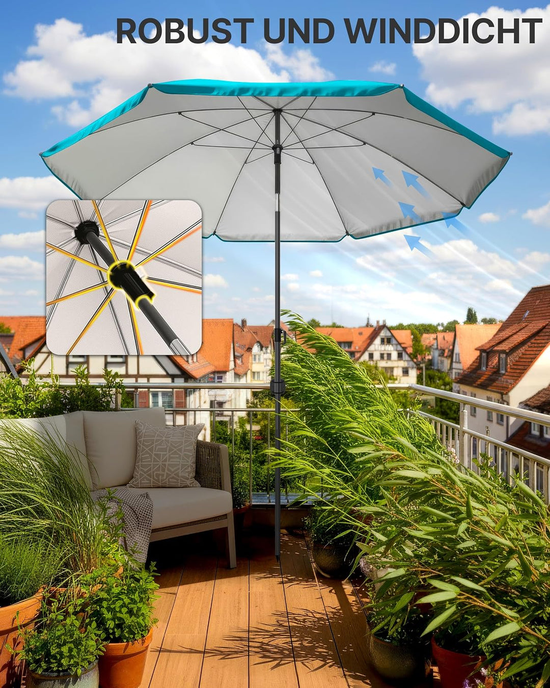 4smile Sonnenschirm Strand SunnyJoy, Türkis - UPF 50+ Strandschirm Ø 200 cm, sicherer Sonnenschutz S