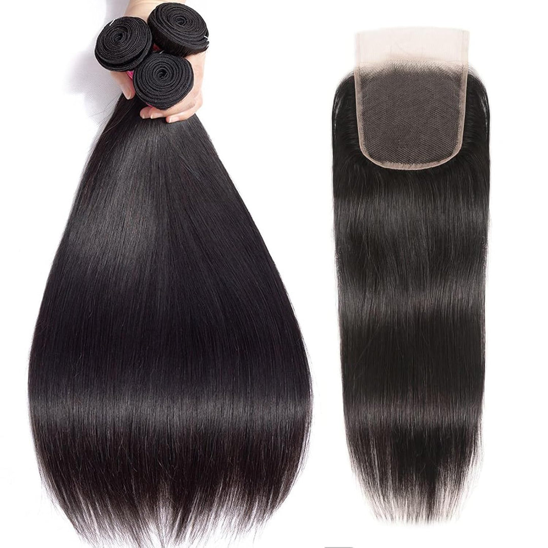 RICHAIR - Brazilian Straight Human Hair Bundles with Closure, 14 14 14 + 14 Inches, 100% Human Hair