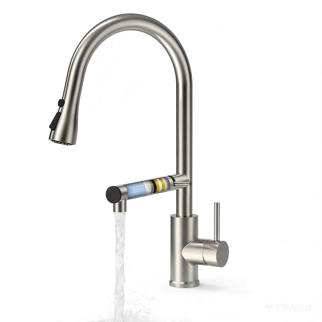 FEELSO Küchenarmatur mit Filter, 2-in-1 Wasserhahn Küche Ausziehbar mit 2 Strahlarten, 360° Drehbare