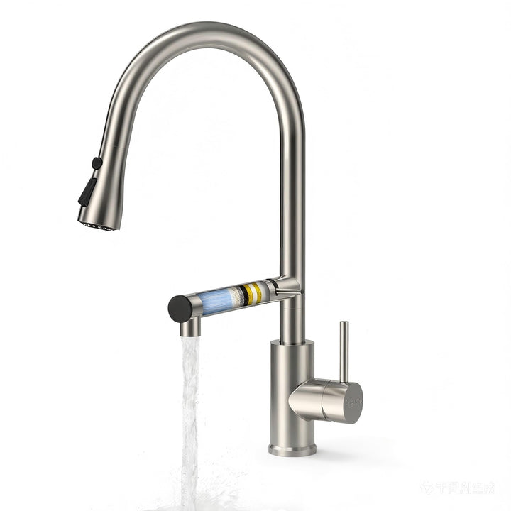 FEELSO Küchenarmatur mit Filter, 2-in-1 Wasserhahn Küche Ausziehbar mit 2 Strahlarten, 360° Drehbare