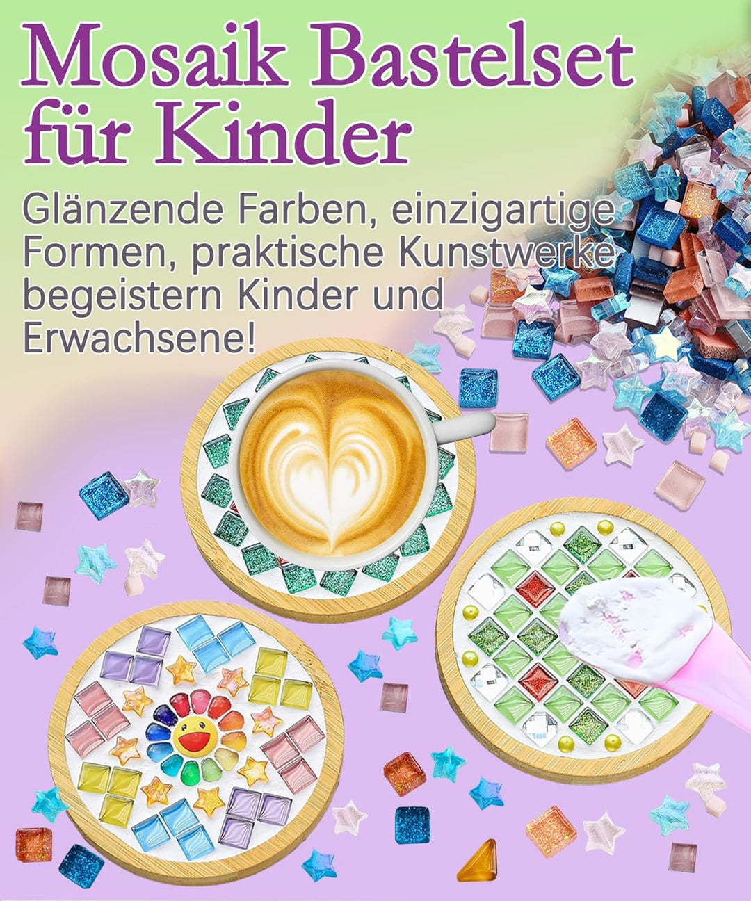 Finsink Mosaik bastelset kinder 8pcs mosaik untersetzer bastelset diy holz untersetzer Set Mosaikste