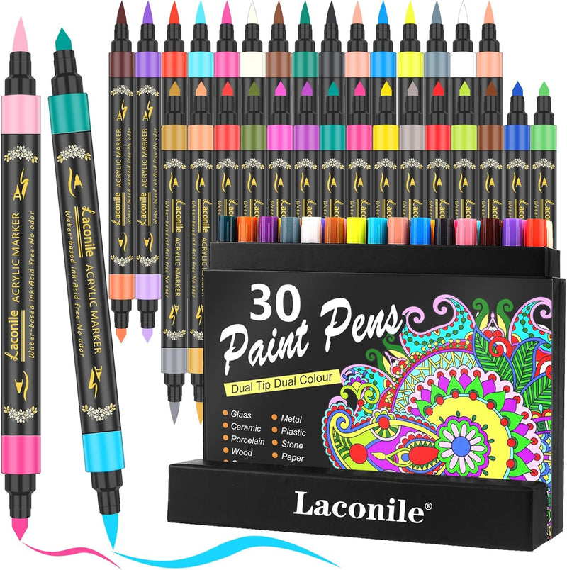 Laconile 30 Acryl Marker Stifte mit 60 Farben, Acrylstifte für Steine Wasserfest, Dual Tip Acryl Pai