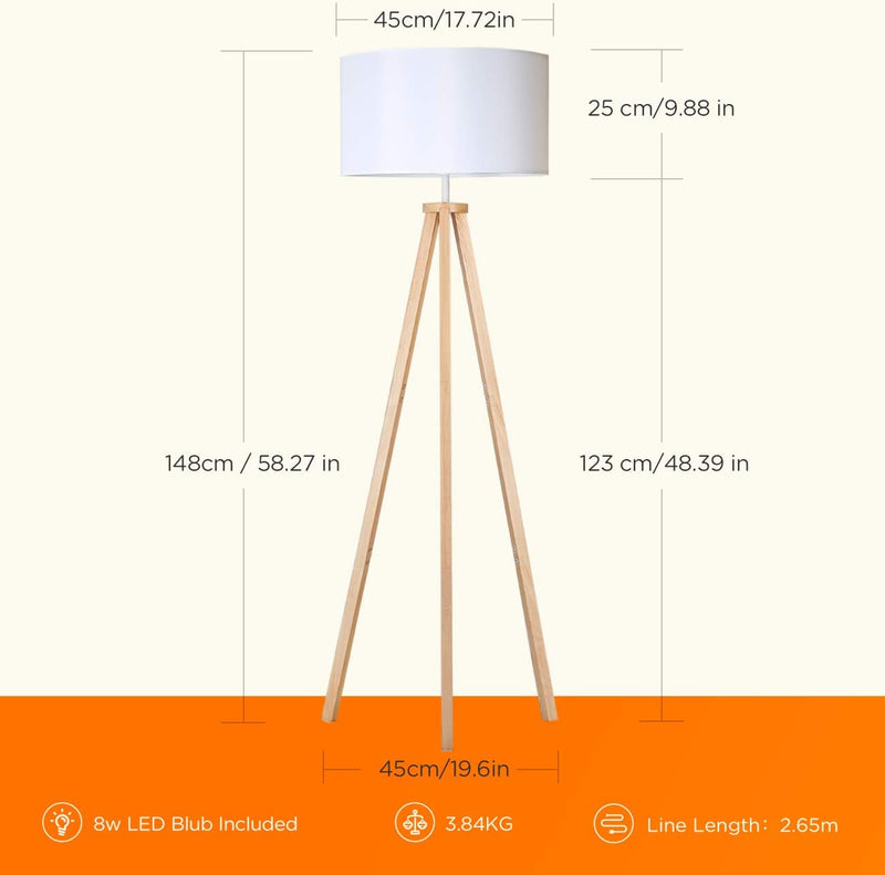 tomons Stehlampe LED Dimmbar aus Holz Dreibein, Skandinavischer Stil, Moderne Standleuchte für Wohnz