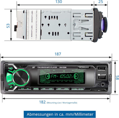 XOMAX XM-R266 Autoradio mit Bluetooth Freisprecheinrichtung, Smartphone Ladefunktion über 2. USB Ans