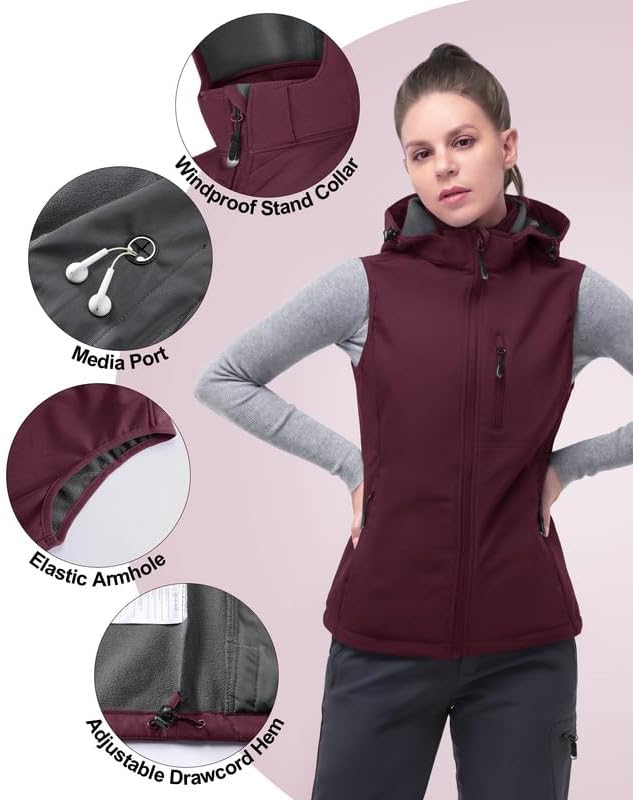 33,000ft Damen Softshell Westen mit Abnehmbare Kapuze Fleece Gefütterte Ärmellose Jacke Wasserdichte