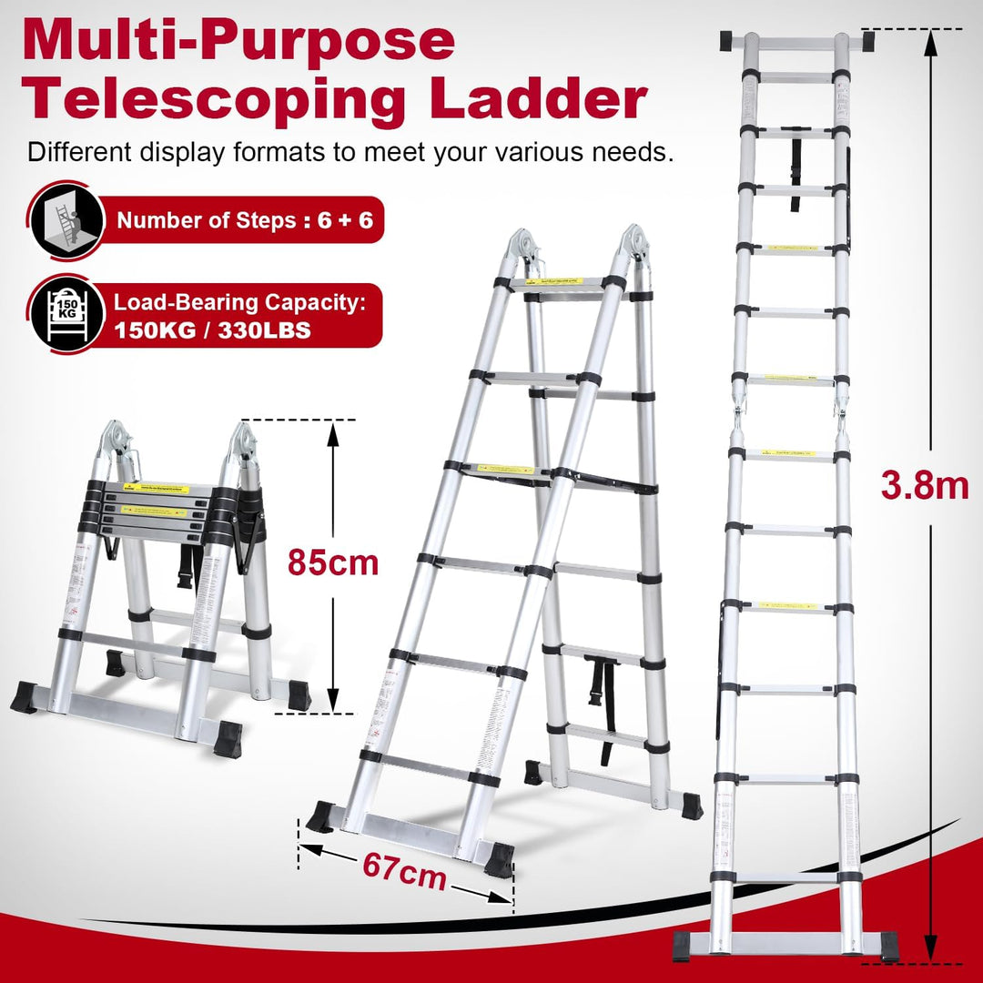 Fiqops 3,8M (1.9+1.9) Teleskopleiter Klappleiter Alu Multifunktionsleiter, Mehrzweckleiter Tragbar A