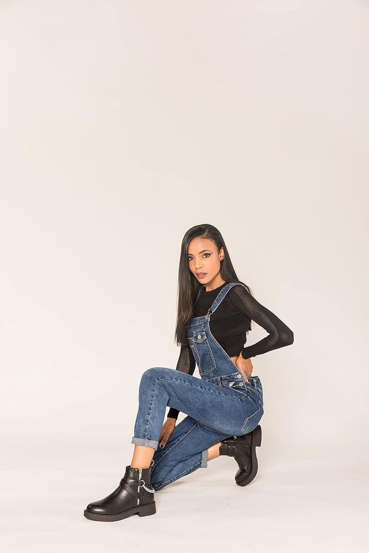 Damen Kurze und Lange Jeanslatzhose Denim Overall Jumpsuit Playsuit Jeans Hosenanzug Trägerhose Hose