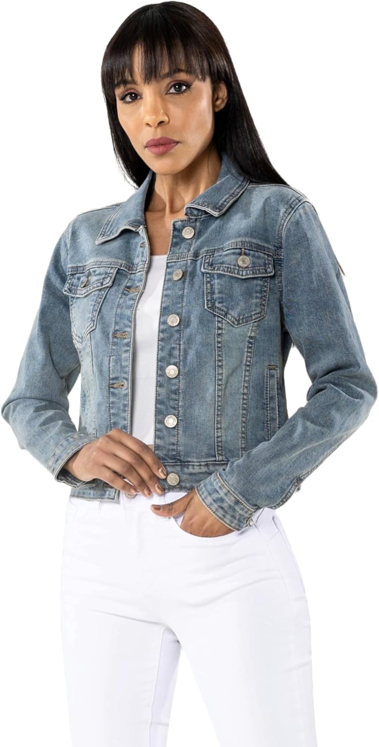 Nina Carter S338 Damen Jeansjacke Übergangsjacke Leichte Waschungseffekt Jacke Blau Denim Casual S V