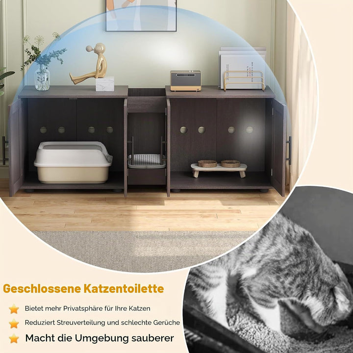 Katzenklo-Schrank für 2 Katzen – Grosses Doppelzimmer-Katzenhaus, verstecktes Katzenklo-Möbel mit Sc