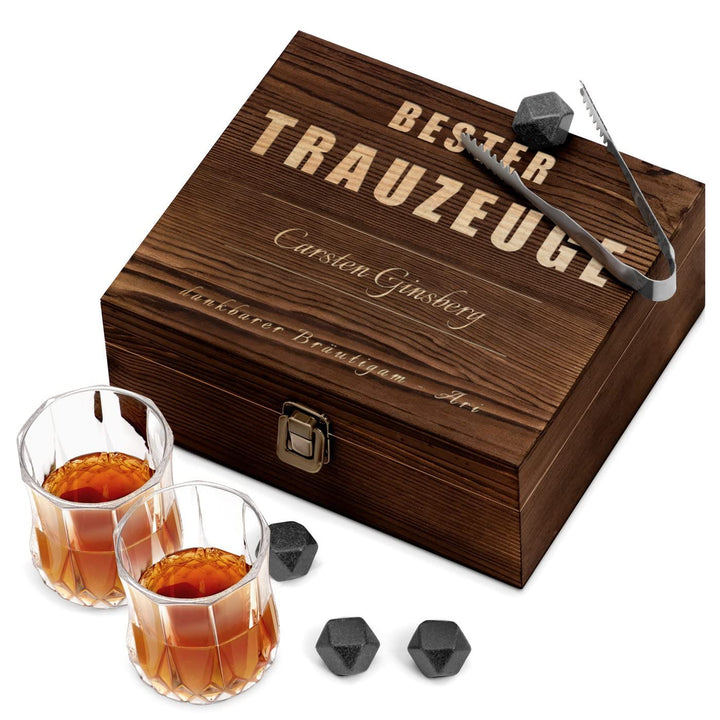Maverton Whisky Steine Set - in Holzbox mit Gravur - 8 Eiswürfel + 2 Whisky Gläser - wiederverwendba
