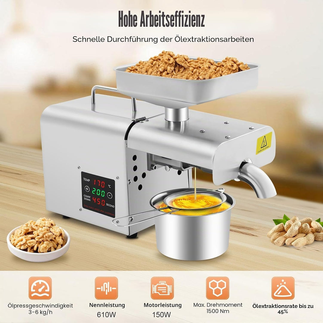 Ölpresse Elektrisch, Ölmühle 610W automatische Ölpressmaschine mit 3–6 kg pro Stunde Ölförderungsrat