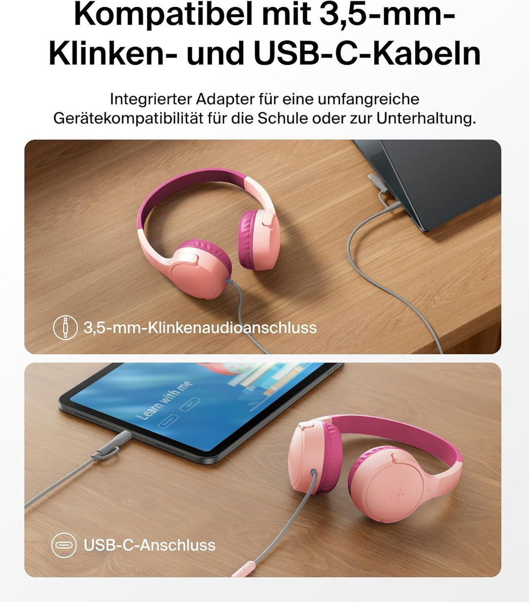 Belkin SoundForm Kopfhörer Kinder mit Kabel, USB-C auf 3,5-mm-Klinken Dongle, integriertes Mikrofon,