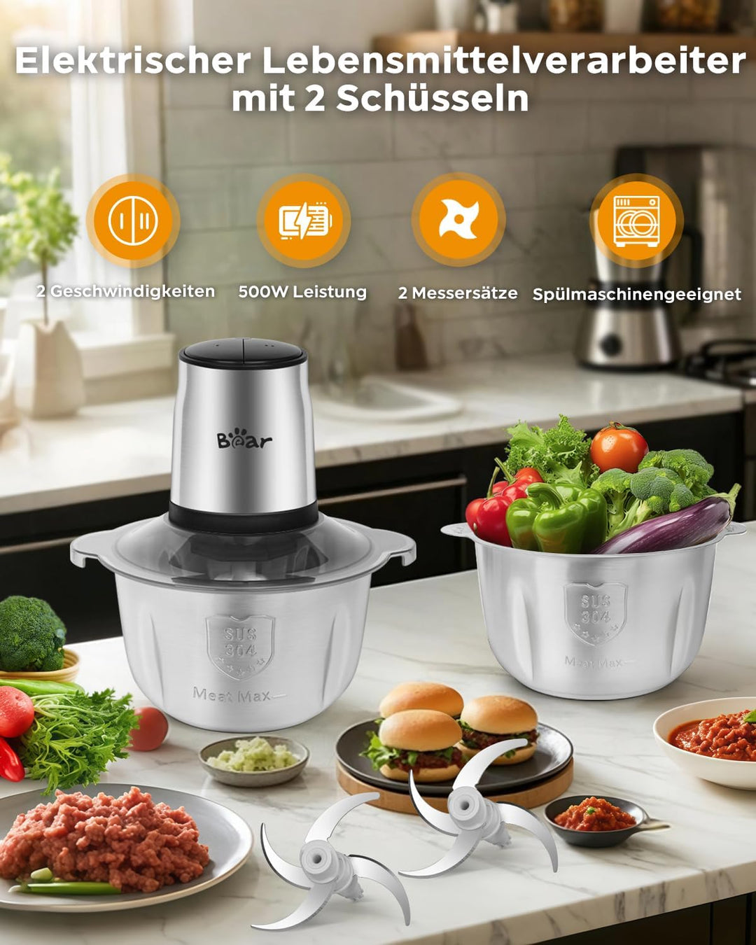 Bear 1.8L+1.8L Zerkleinerer Elektrisch Mini, 500W 2 Geschwindigkeitsstufen, Häcksler mit 4-Edelstahl