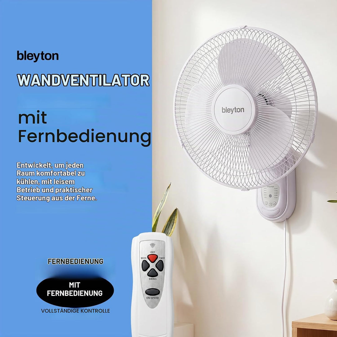 BLEYTON Shadow Wandventilator, leise, mit Fernbedienung, Weiss, 40 W, 3 Geschwindigkeitsstufen, Time