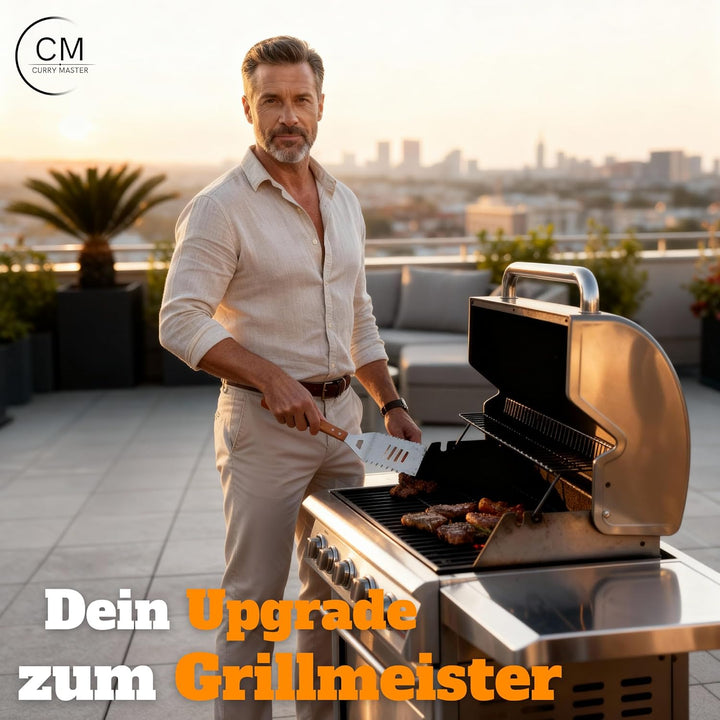Grillset für Männer Geschenk – Grillbesteck Set aus Edelstahl - 3-in-1 Spachtel & Reinigungsbürste –