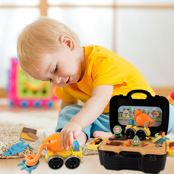 Knete Set Baustellenfahrzeuge Kinder Knete Zubehör mit Tragbarem Koffer, Zement Baustelle Spielzeug