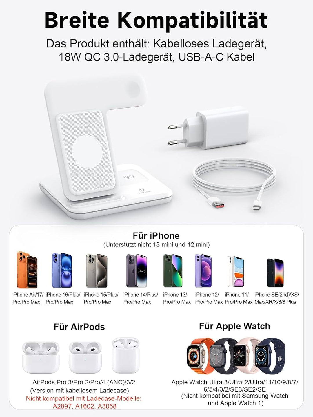 Induktive Ladestation für Apple Wireless Charger 3 in 1: 2024 Neu Kabelloses Ladegerät für iPhone 15