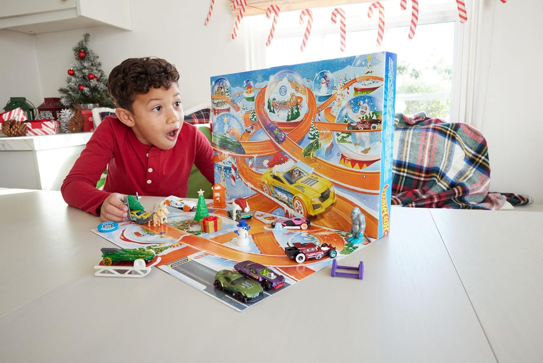 Hot Wheels Spielzeugautos, Adventskalender 2024, 8 Hot Wheels Autos im Massstab 1:64, hinter 24 numm