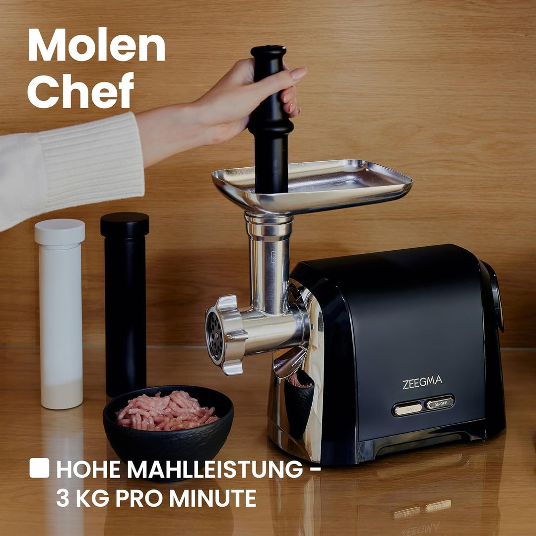 ZEEGMA Molen Chef Elektrischer Fleischwolf, 1900 W mit 3 Schleifplatten aus Edelstahl, 3 kg/min, Wur