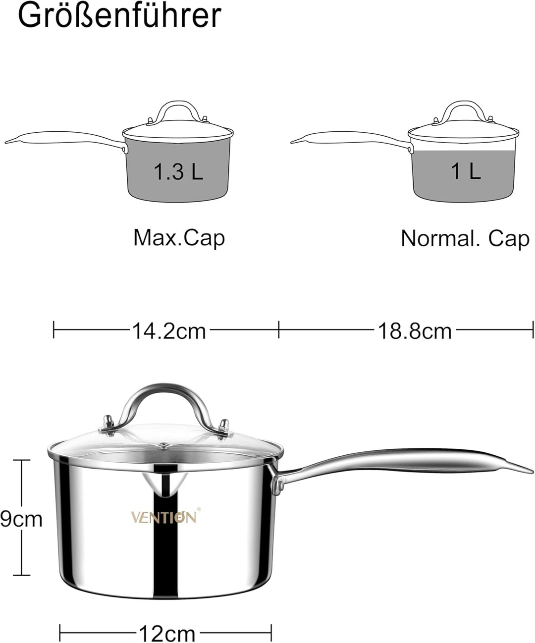 VENTION Stielkasserolle Induktion, Kochtopf Klein mit Deckel 14 cm, 1 Liter Stieltopf mit Ausgiesser