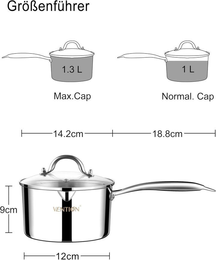 VENTION Stielkasserolle Induktion, Kochtopf Klein mit Deckel 14 cm, 1 Liter Stieltopf mit Ausgiesser