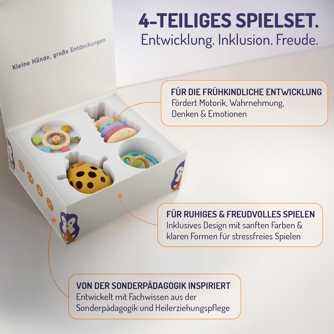 STRAUB Baby Spielset – Pädagogisch entwickeltes Lernspielzeug-Set – Beissring, Greifring, Greiffigur