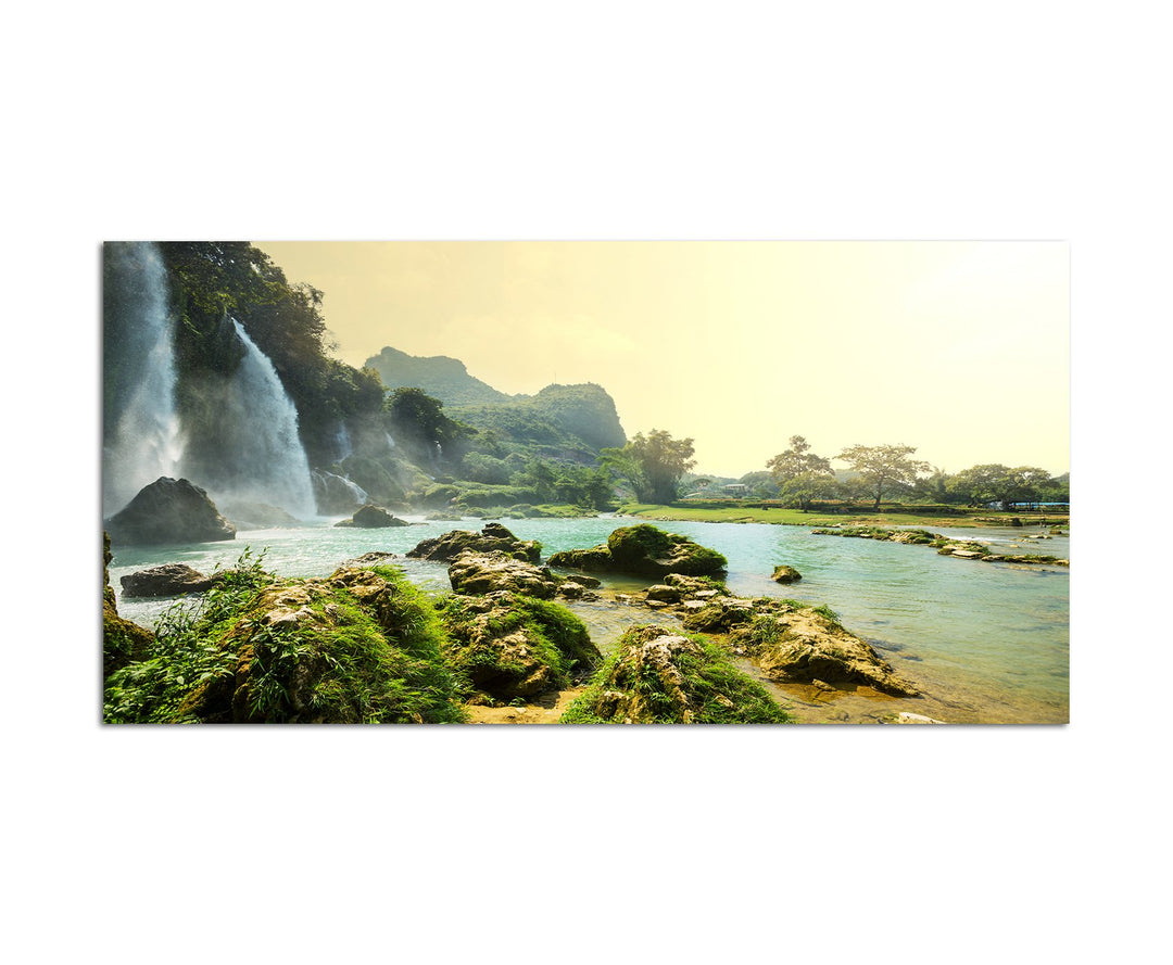 Paul Sinus Art 120x80cm - WANDBILD Vietnam Wasserfall Felsen Wasser - Leinwandbild auf Keilrahmen mo