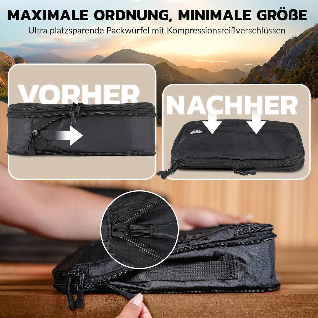 BACK&amp;PACKER® Packing Cubes mit Kompression 4-teilig - Packtaschen Set aus recyceltem Material - Leic
