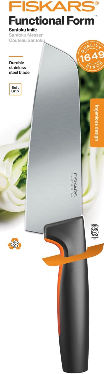 Fiskars Santoku Kochmesser, Functional Form, Gesamtlänge: 29 cm, Japanischer Edelstahl/Kunststoff, 1