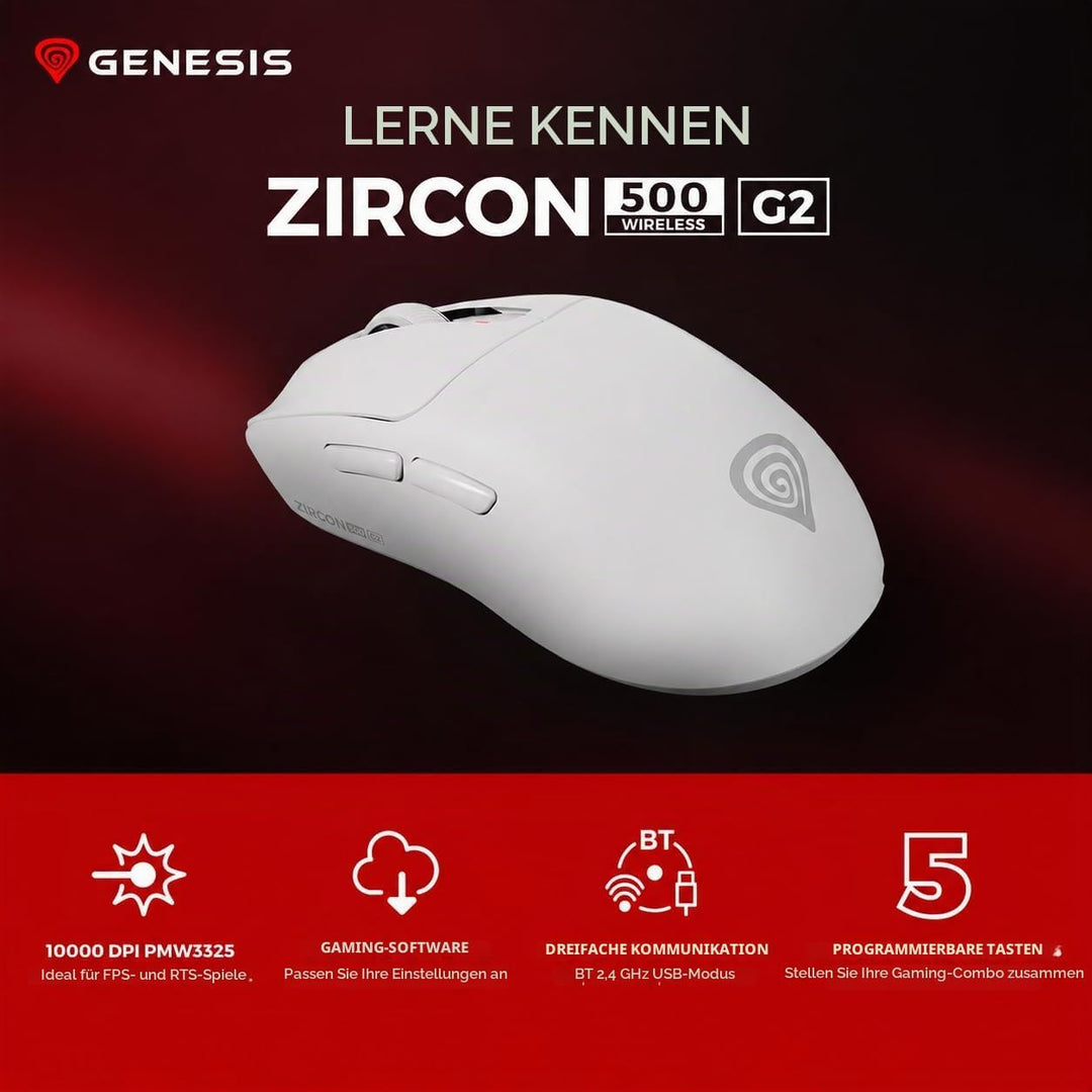 Genesis Zircon 500 G2 Wireless Gaming Maus – 10.000 DPI Pixart PMW3325, 2,4 GHz/BT 5.0/USB-C, 52 g U