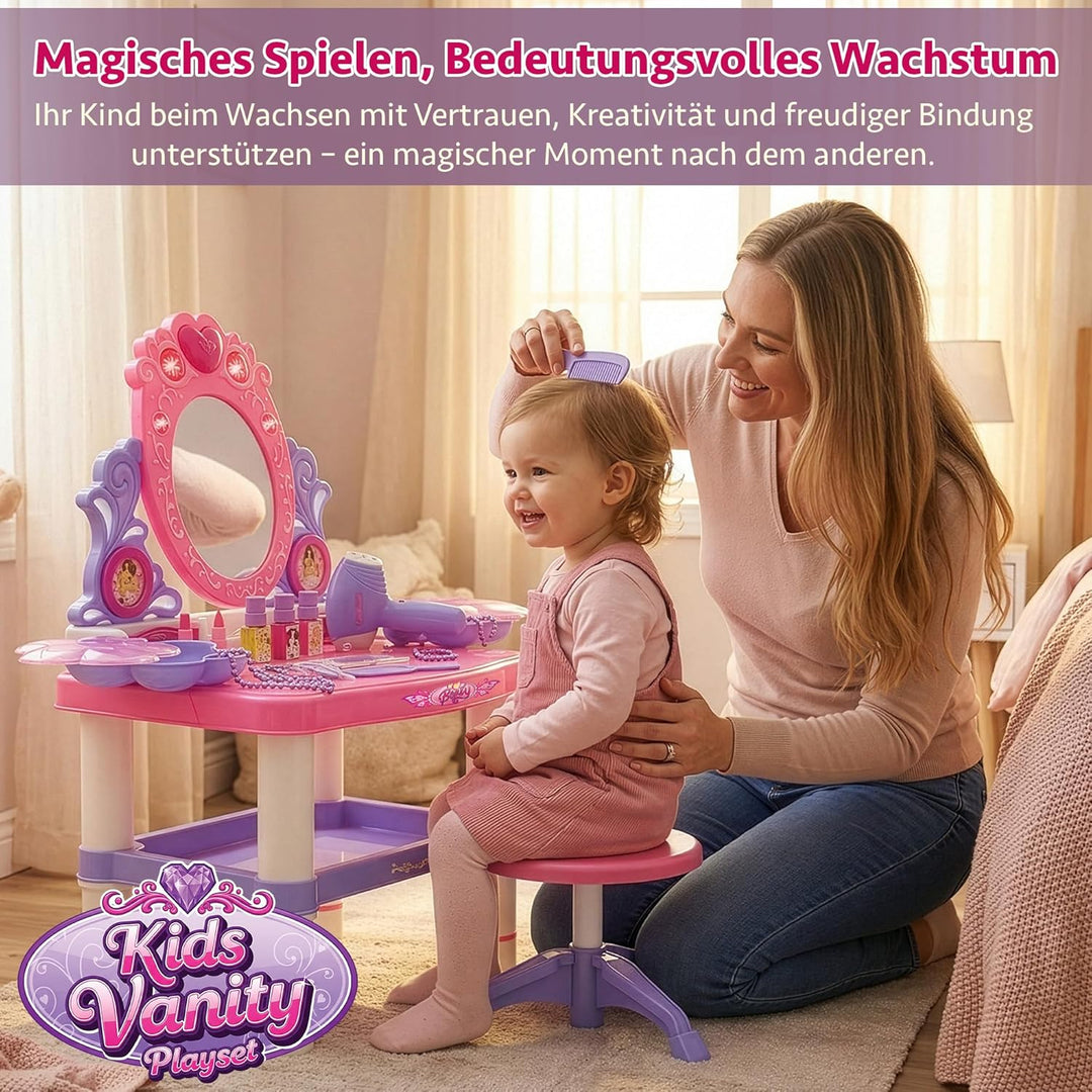 Kinderplay Rosa Schminktisch Kinder mit Zauberstab & Zubehör | Kinder Frisiertisch für Mädchen mit S