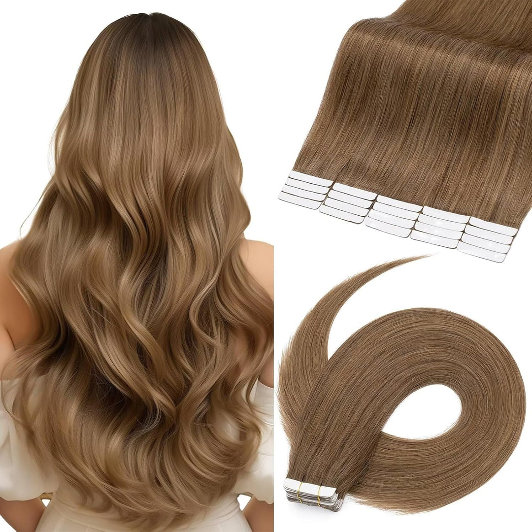 TESS Tape Extensions Echthaar #6 Mittelbraun 50 cm Echthaar Haarverlängerung 20 Stücke Glatt Remy Ta