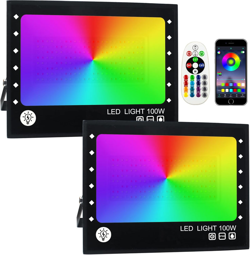 OUSIDE RGB LED Strahler,2 Stück 100W Fluter Aussen Bluetooth Objektbeleuchtung,LED Fluter Flutlichts