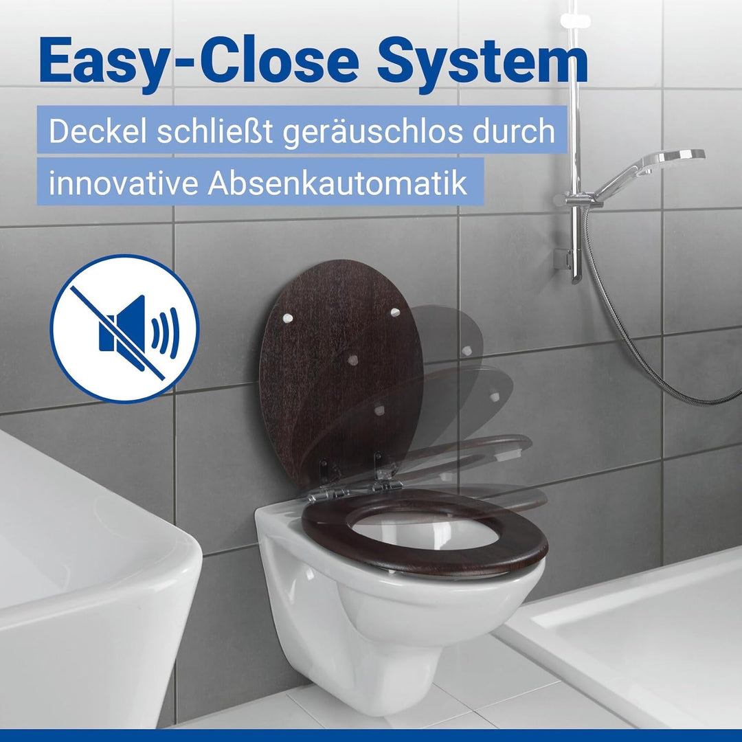 WENKO WC-Sitz Wenge, Toilettensitz mit Absenkautomatik in Holz-Optik, WC-Deckel für sanftes Deckelsc