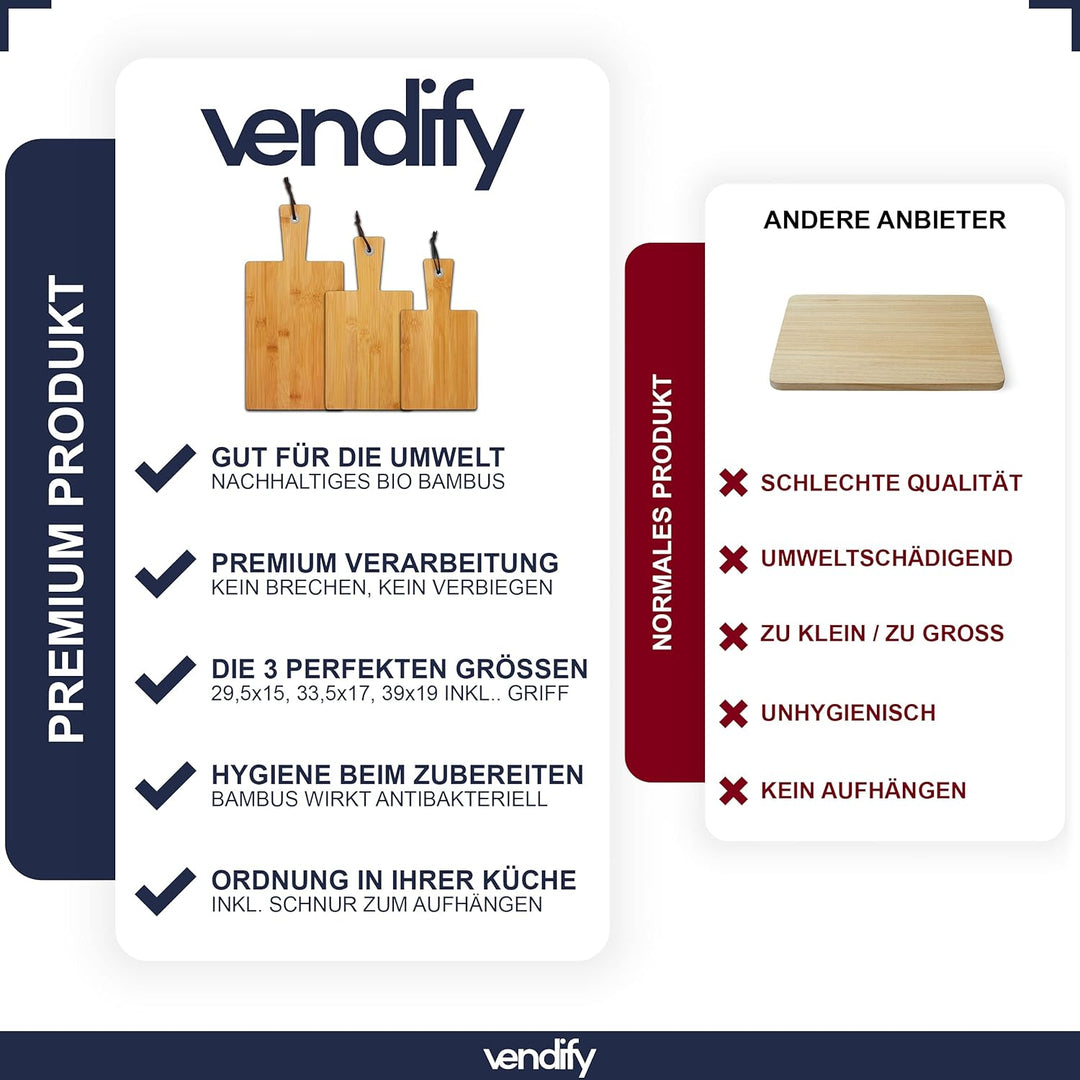 vendify® Schneidebrett Bambus 3er-Set & 6x Steakmesser - Frühstücksbrettchen 3 Grössen - Antibakteri