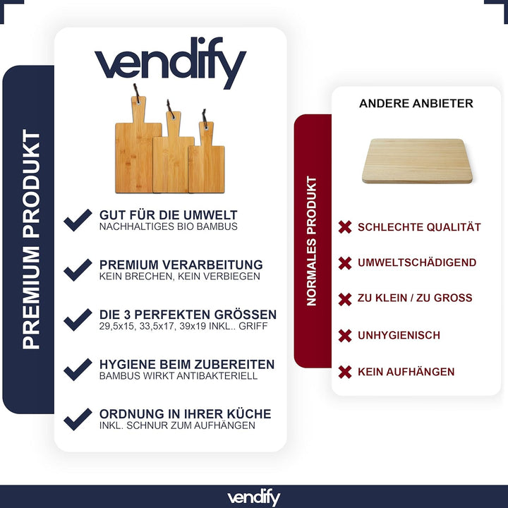 vendify® Schneidebrett Bambus 3er-Set & 6x Steakmesser - Frühstücksbrettchen 3 Grössen - Antibakteri