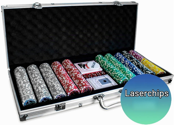 Eaxus® Deluxe Pokerkoffer - Hochwertiges Profi Pokerset mit 500 Laser Chips, Kartendecks &amp; Würfeln D