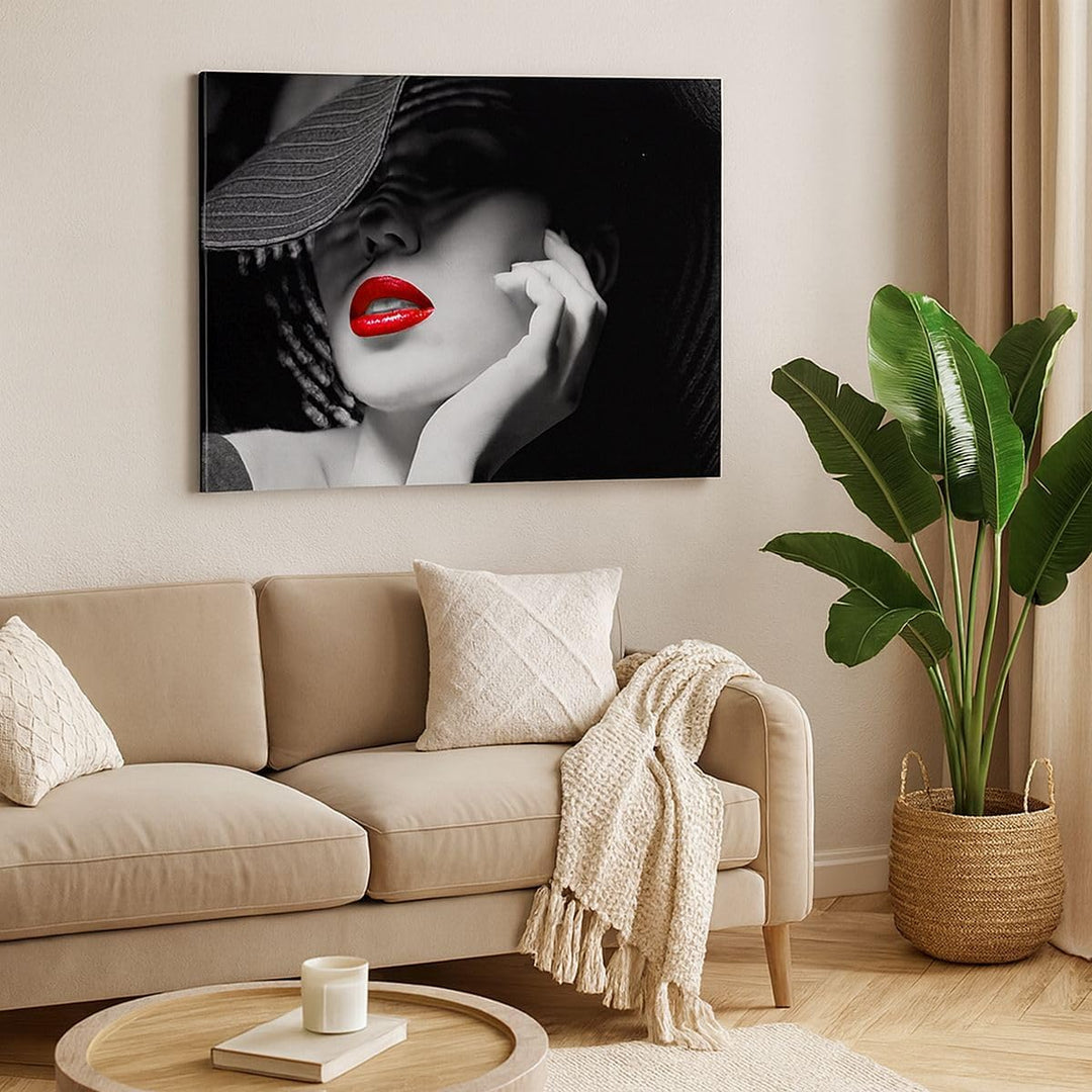 Bilder auf Leinwand 100x70cm Leinwandbild mit Rahmen Frau Gesicht Lippen Gross Wanddeko Bild Schlafz