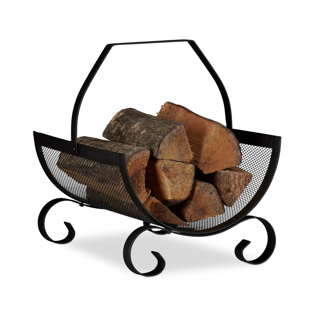 Relaxdays Kaminholzkorb schwarz, Brennholzkorb gross, Holzwiege Kamin, Feuerholzkorb Metall, HxBxT 4