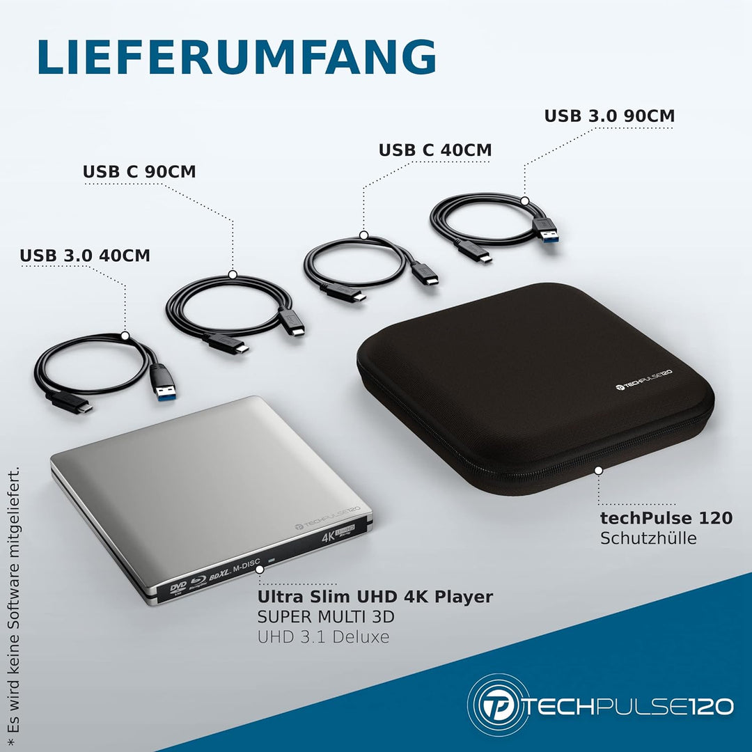 techPulse120 Externes USB 3.1 Blu-ray DVD CD USB-C UHD 4k 3D M-DISC BDXL HDR10 100GB Laufwerk Brenne